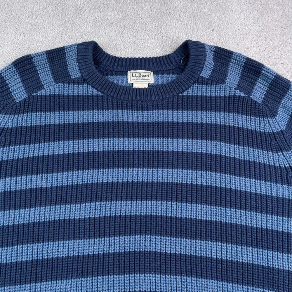 LL Bean Sweater Mens XL Tall Blue Stripes Crewneck Heavy Cotton Chunky Fisherman